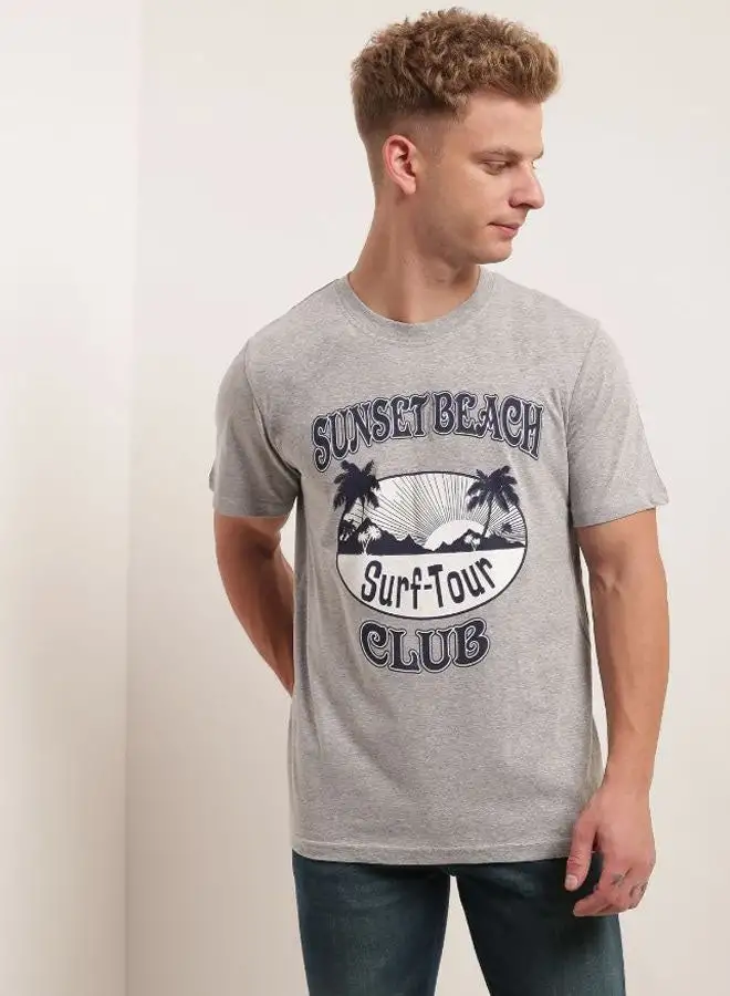 QUWA Graphic Printed Round Neck T-Shirt Smoke Grey