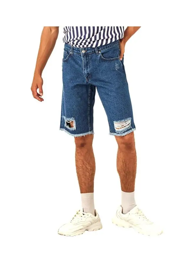 trendyol Destroyed Denim Shorts Indigo