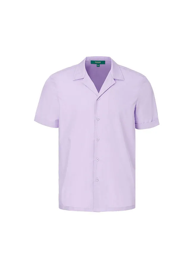 QUWA Casual Cuban Collar Woven Short Sleeve Shirt Purple