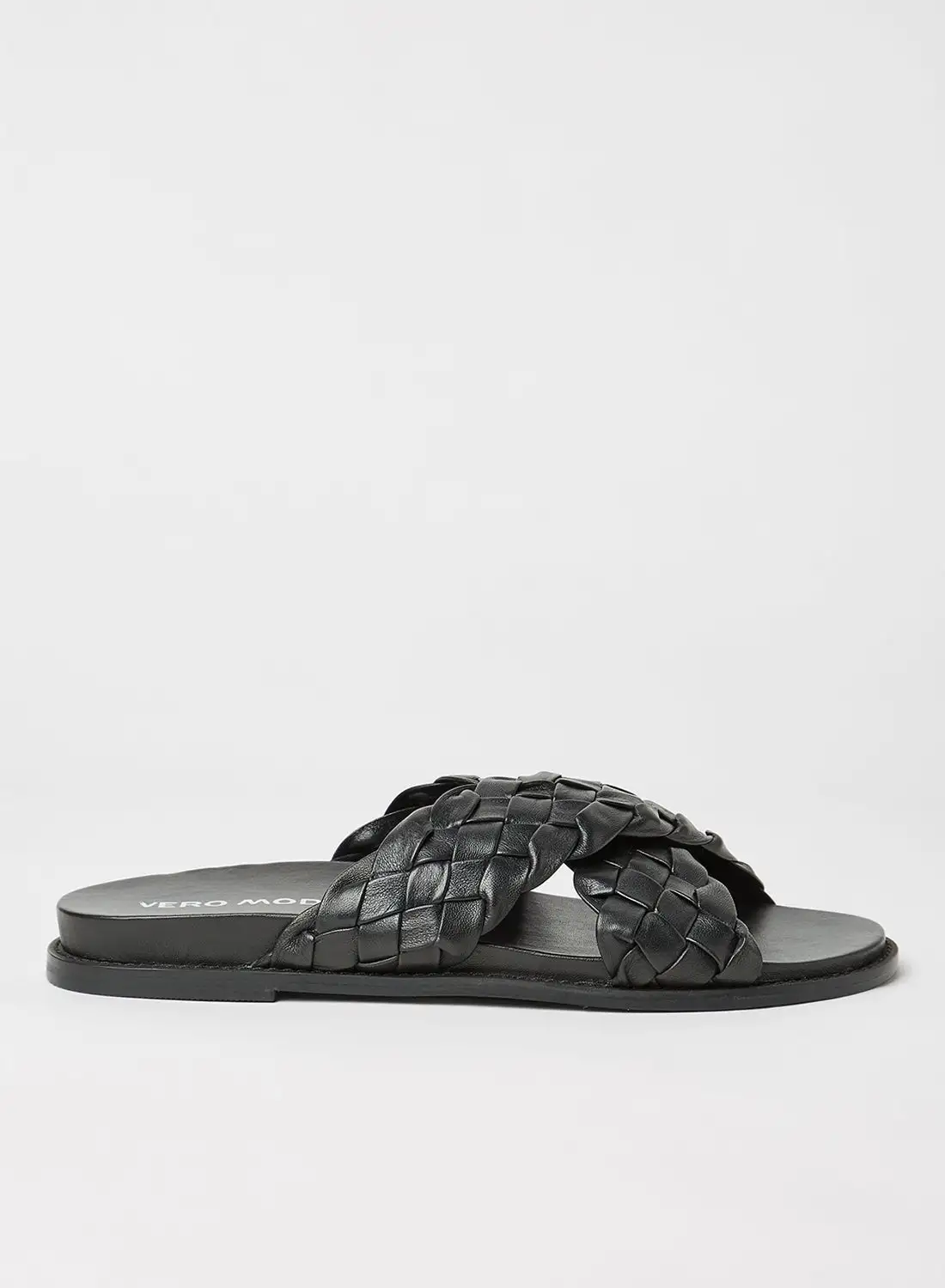 VERO MODA Braided Leather Flat Sandals Black