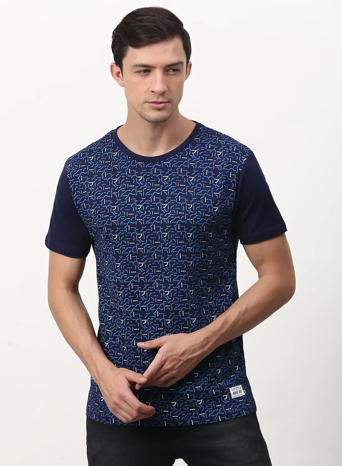 ABOF All Over Printed Crew Neck Regular Fit T-Shirt Dark Denim Blue