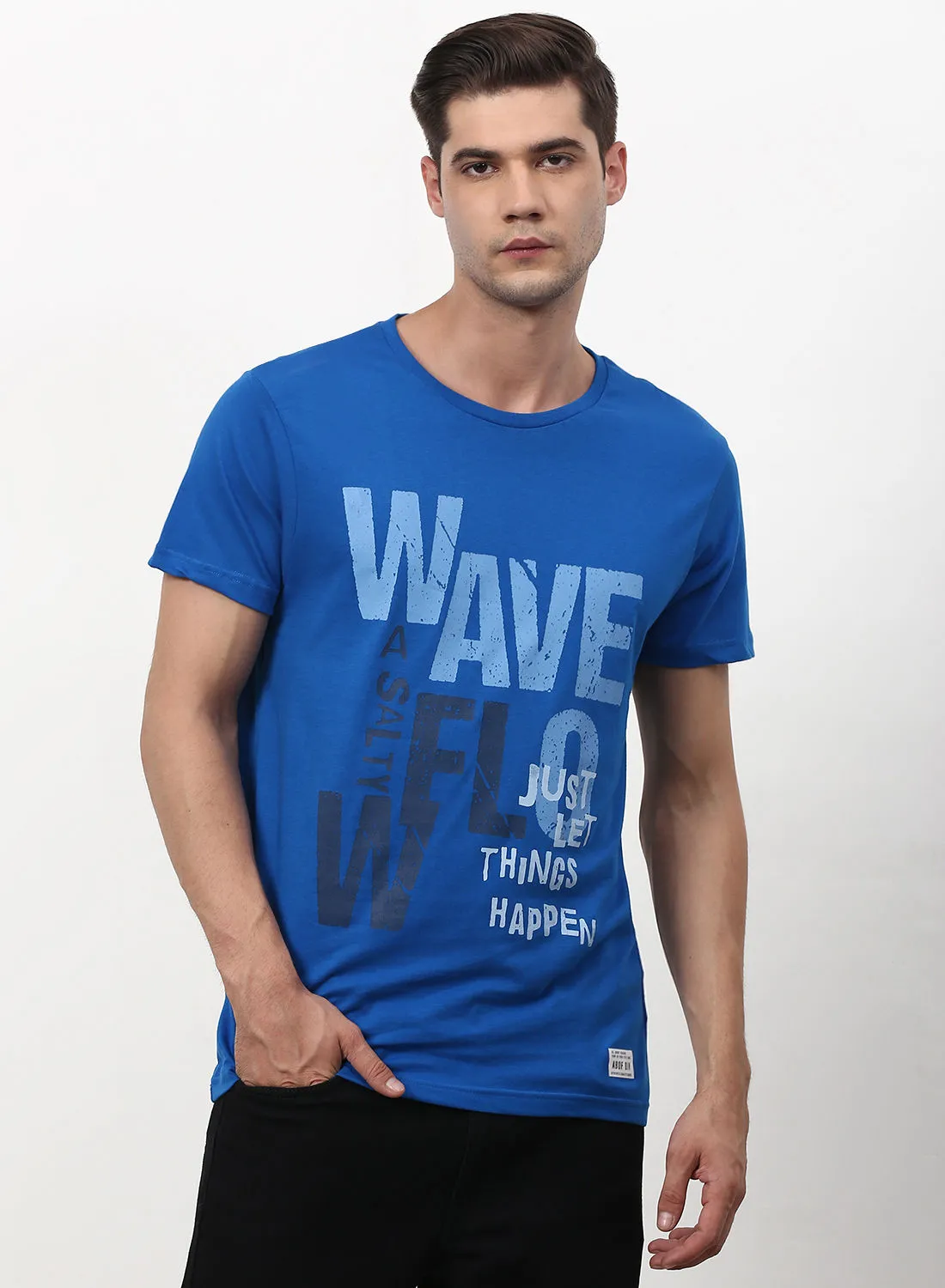 ABOF Slogan Printed Crew Neck Regular Fit T-Shirt Sapphire