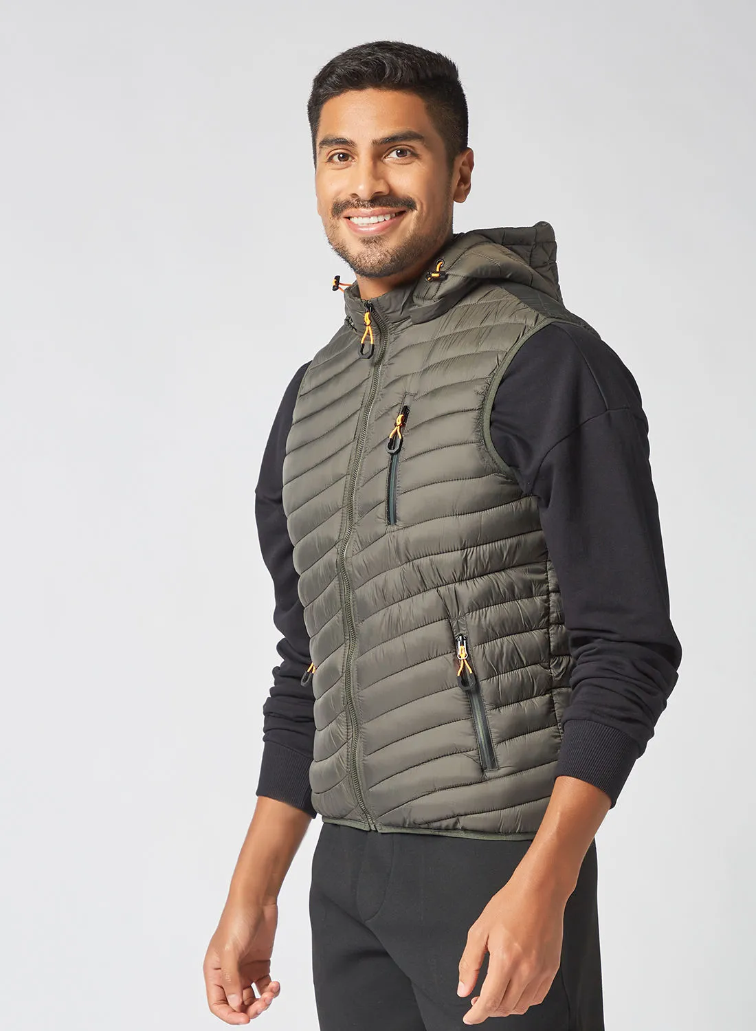 Athletiq Men's Casual Hooded And Side Pockets Detail Puffer Vest Jacket Dark Army Green