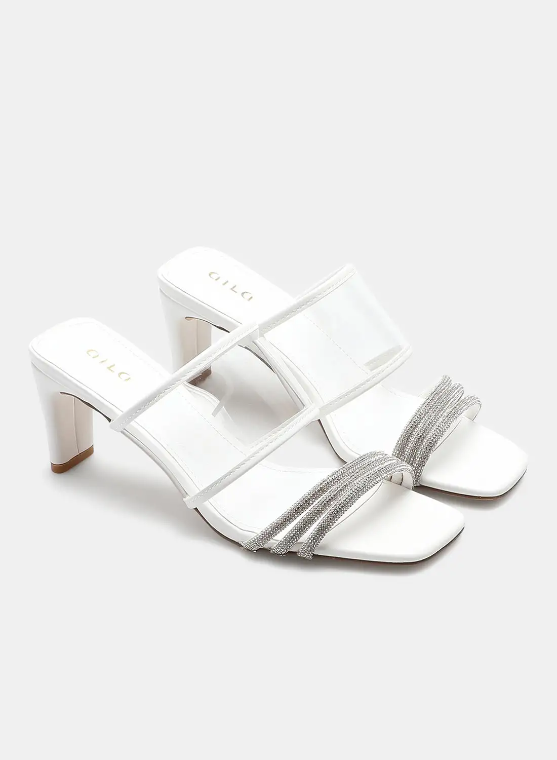 Aila Stone Embellished Strap Heeled Sandals White