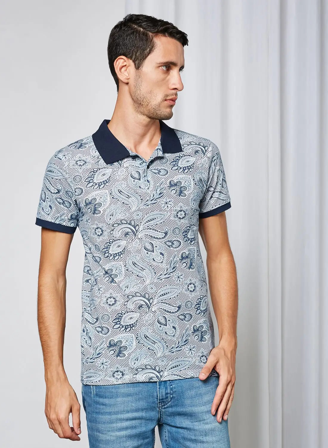 KOTON Paisley Pattern Polo Neck T-Shirt Marine Design