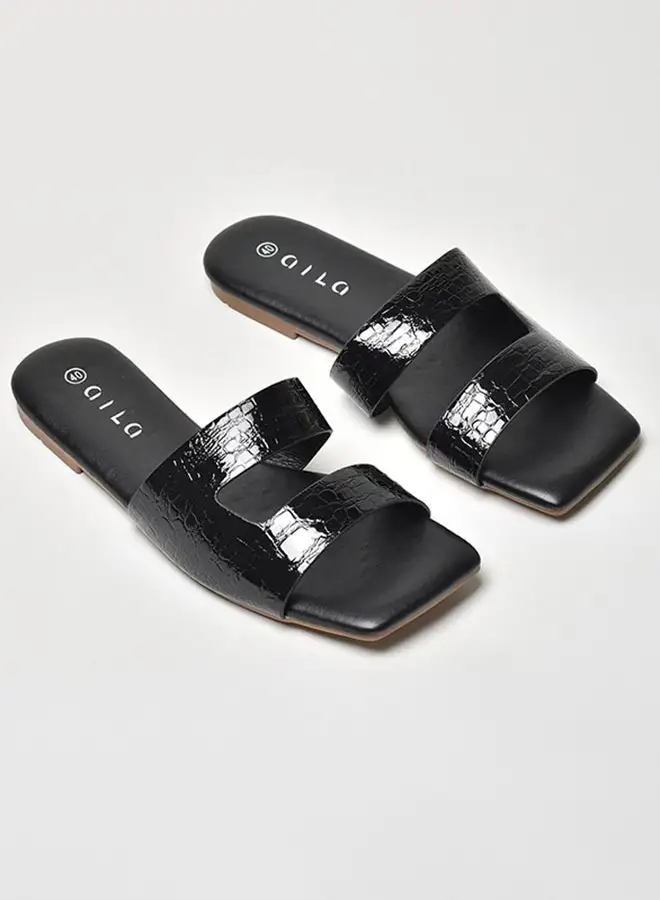 Aila Animal Pattern Cut-Out Strap Flat Sandals Black