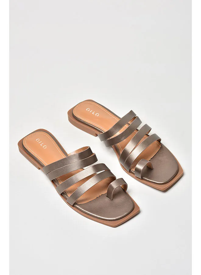 Aila Multi Strap Slip-On Flat Sandals Bronze