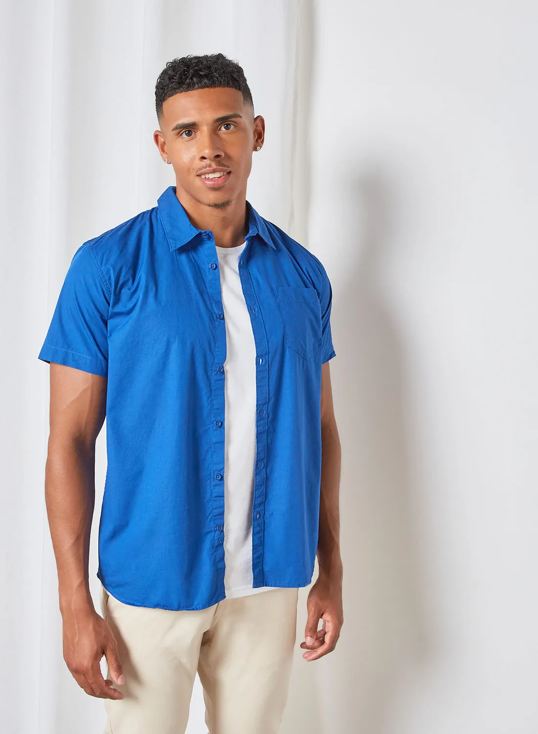 ABOF Plain Collared Neck Regular Fit Short Sleeve Shirt Light Sapphire Blue