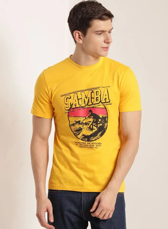 QUWA Graphics Print Short Sleeve T-Shirt Mustard