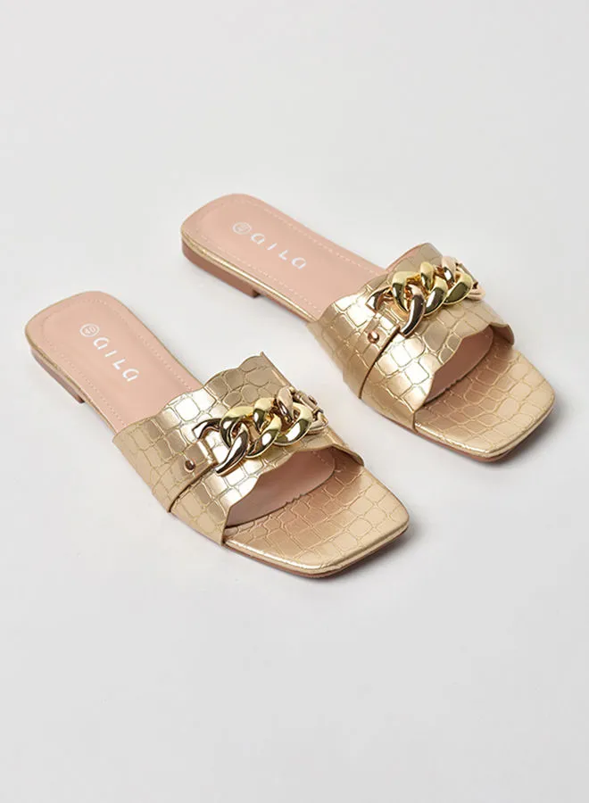 Aila Animal Pattern Chain Detail Strap Flat Sandals Gold