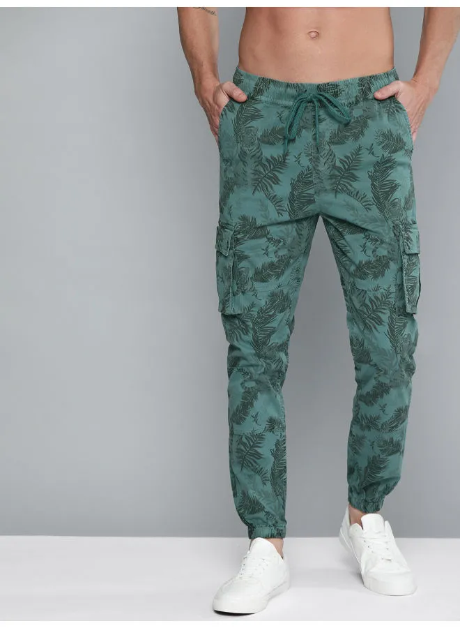 HERE&NOW Drawstrings Detail Tropical Printed Regular Fit Joggers Teal