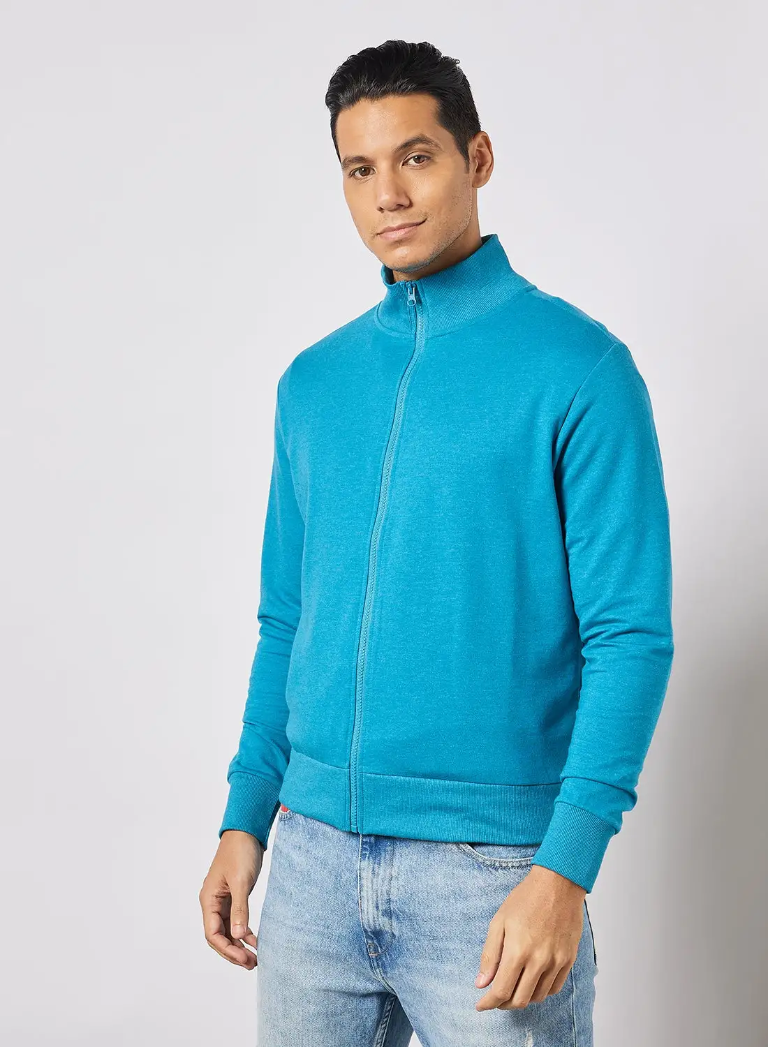 Noon East Men's High Neck Long Sleeve Jacket With Zipper and Rib attachment Heather Light Blue