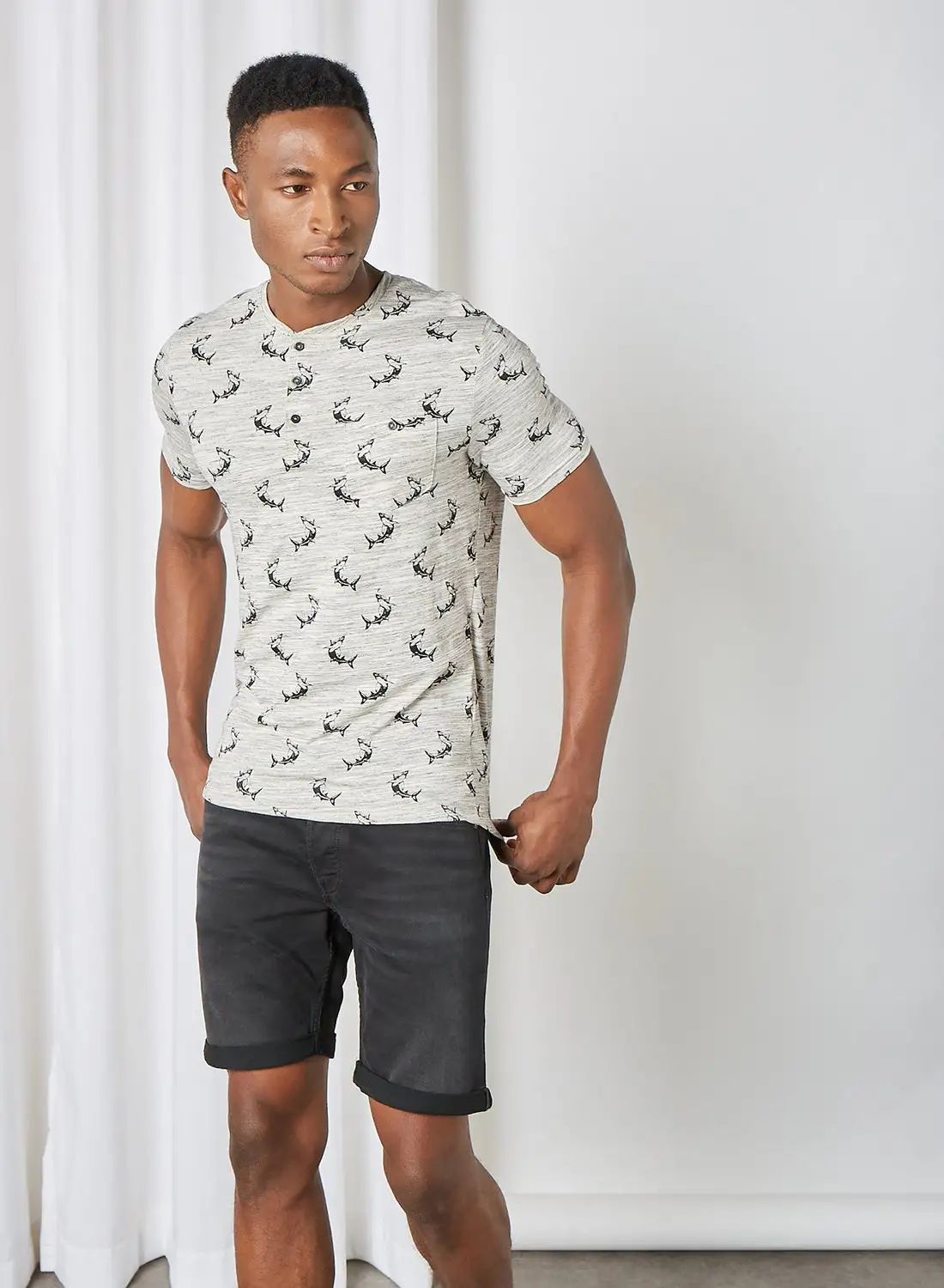 BRAVE SOUL Printed T-Shirt Ecru Marl/Light Grey/Charcoal