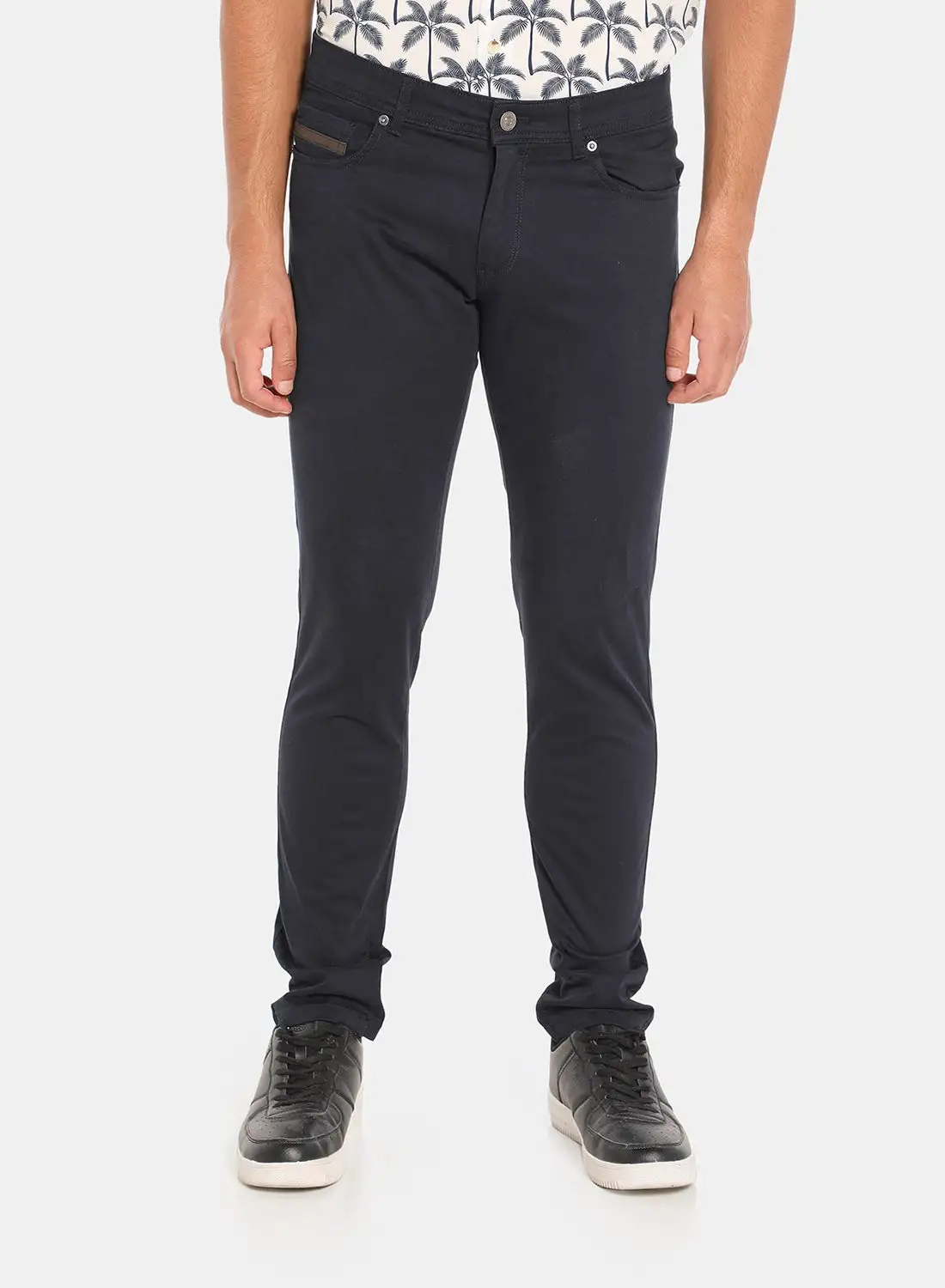 R&B Solid Skinny Fit Trousers With Pockets Navy Blue