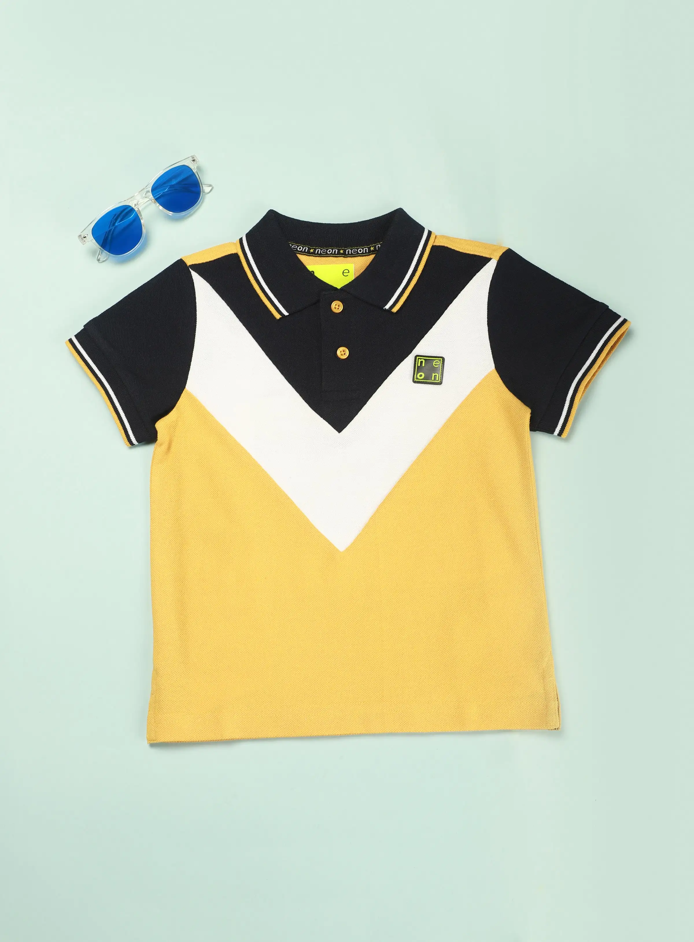 NEON Boys Collar Neck Polo T Shirt With Button Yellow/White/Black