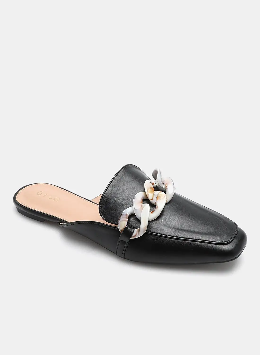 Aila Buckle Detail Square Toe Mules Black/White/Brown