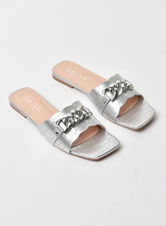 Aila Animal Pattern Chain Detail Strap Flat Sandals Silver