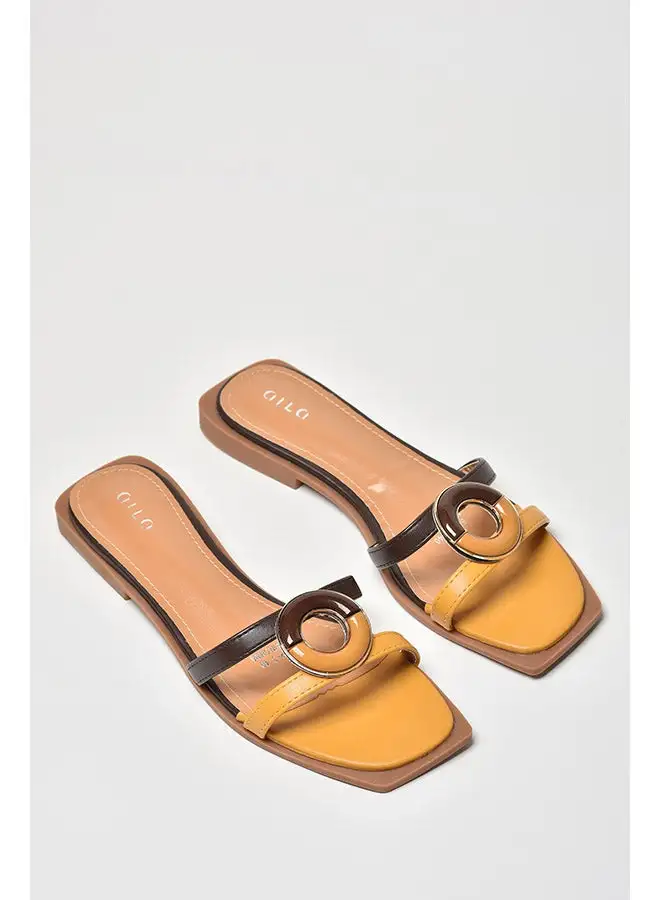 Aila Double Strap Detail Flat Sandals Brown/Mustard Yellow