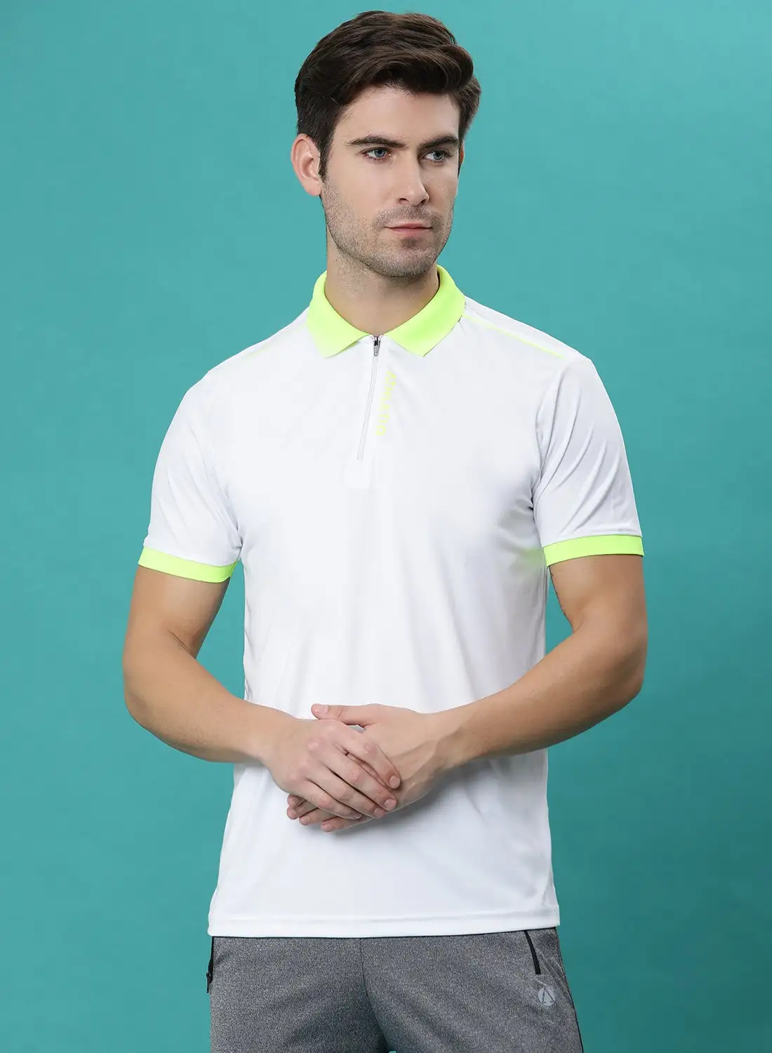 Athletiq Logo Sports Collared Polo White/Neon Green