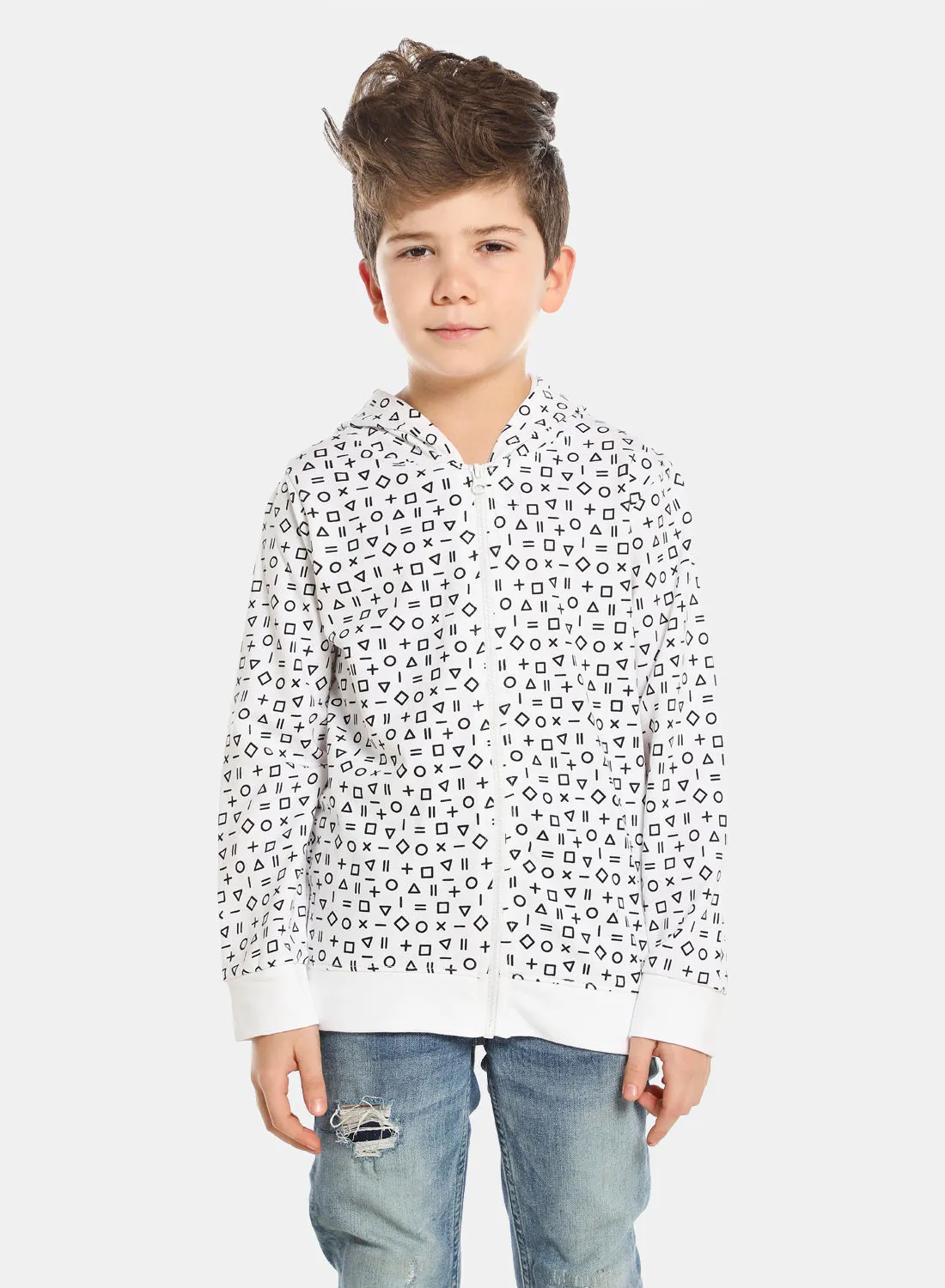 QUWA Boys Trendy All Over Printed Long Sleeve Cotton Casual Sweatshirt White/Navy Blue