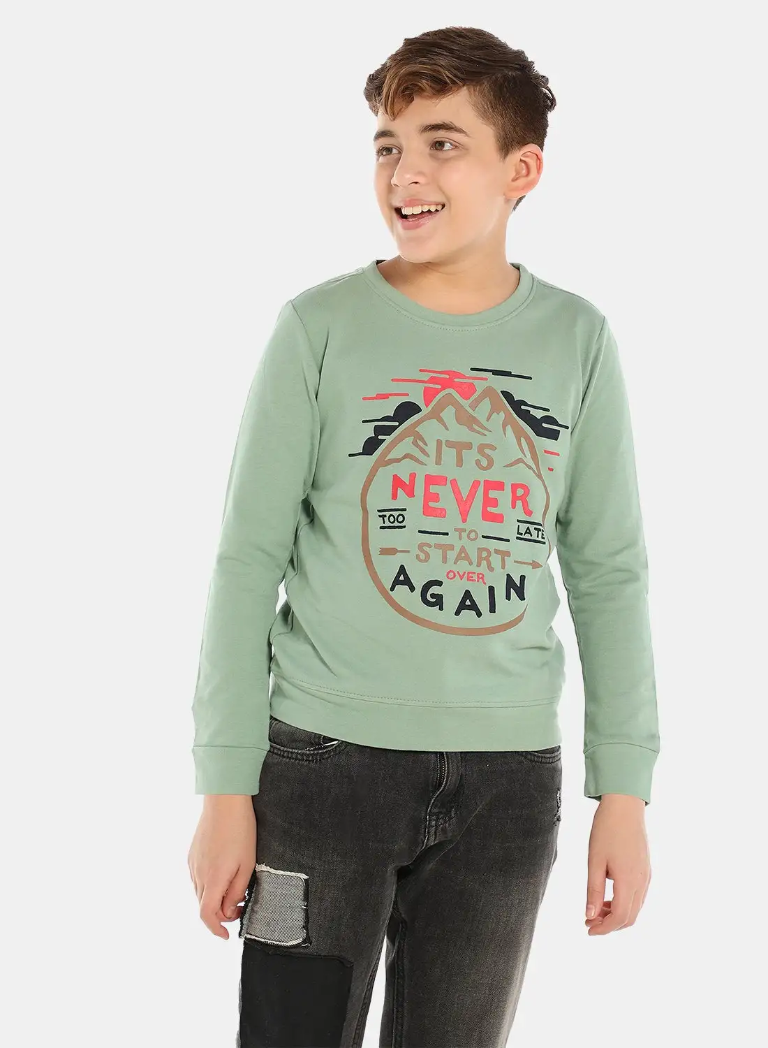 QUWA Boys Graphic Printed Crew Neck Sweatshirt Olive