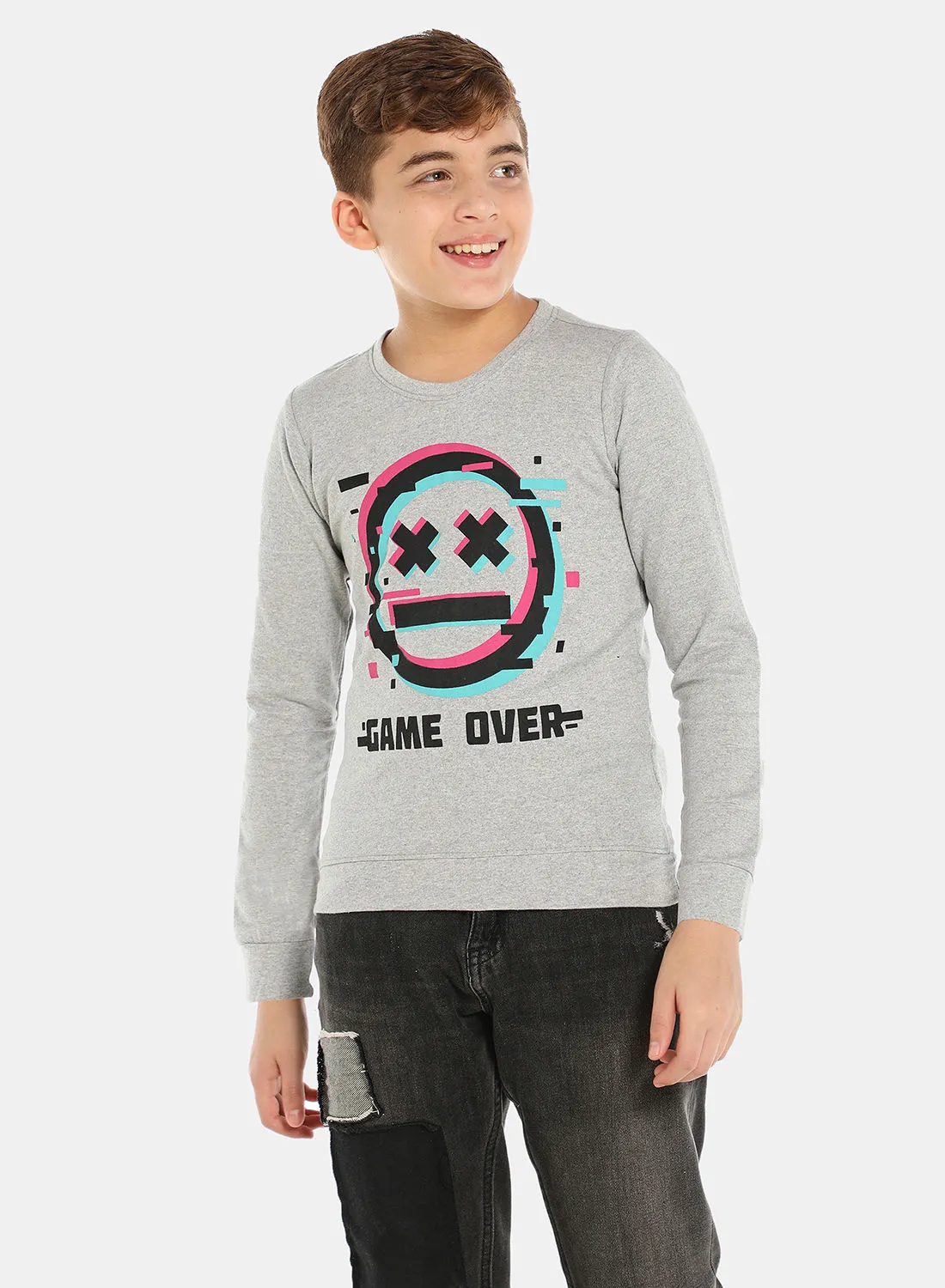 QUWA Boys Comfortable Graphic Printed Crew Neck Sweatshirt Light Grey