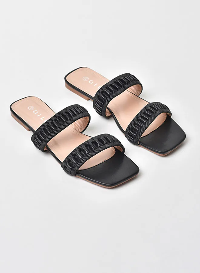 Aila Gathered Double Strap Flat Sandals Black