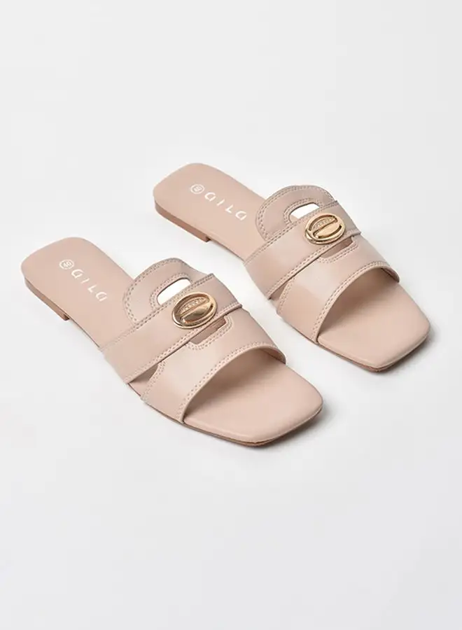 Aila Cut-Out Detail Strap Flat Sandals Beige