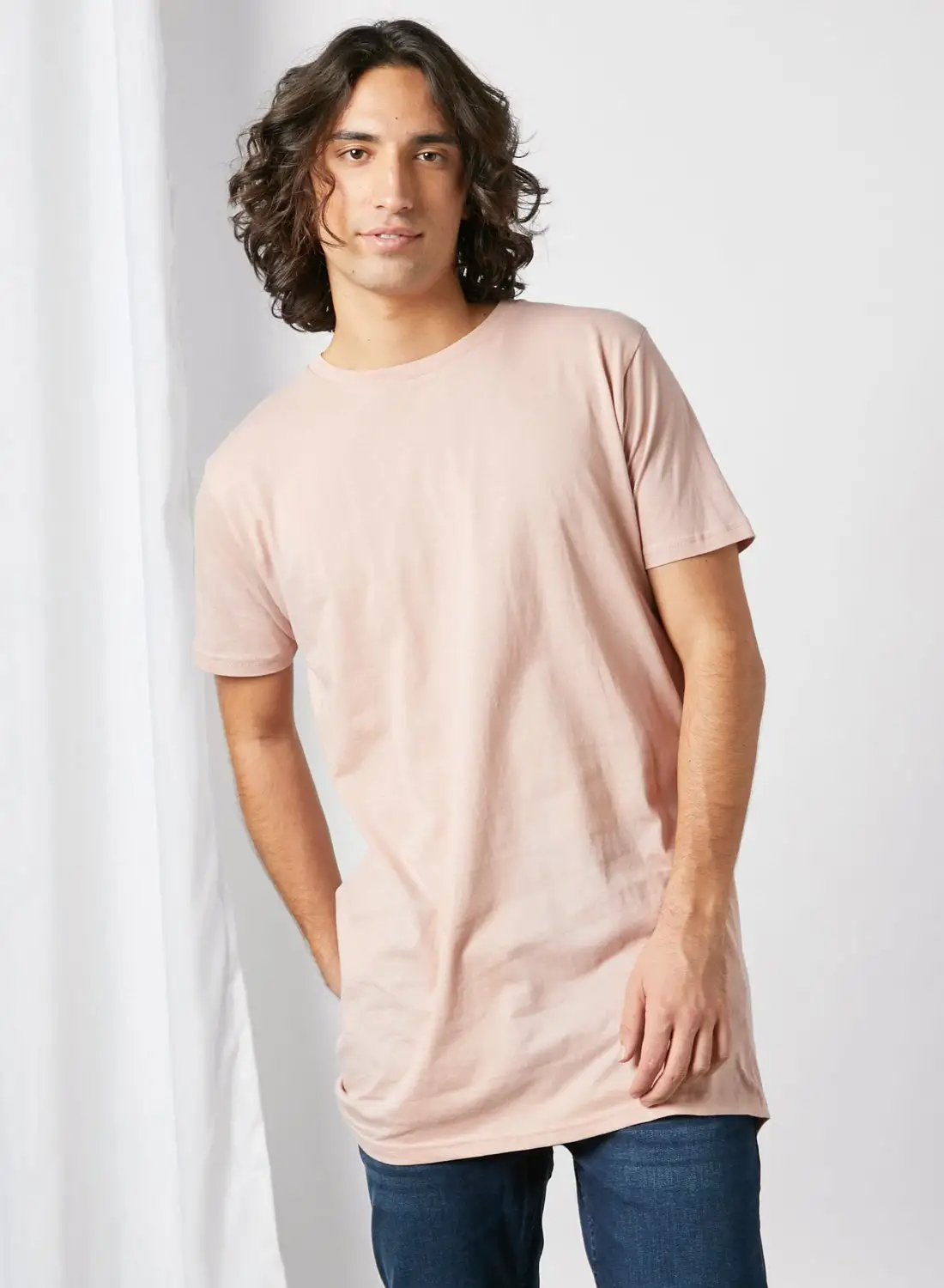 BRAVE SOUL Longline Crew Neck T-Shirt Dusky Pink