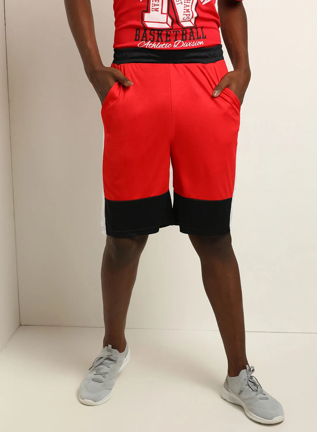 ABOF Colourblock Pattern Elastic Waistband Drawstring Shorts Red/Black