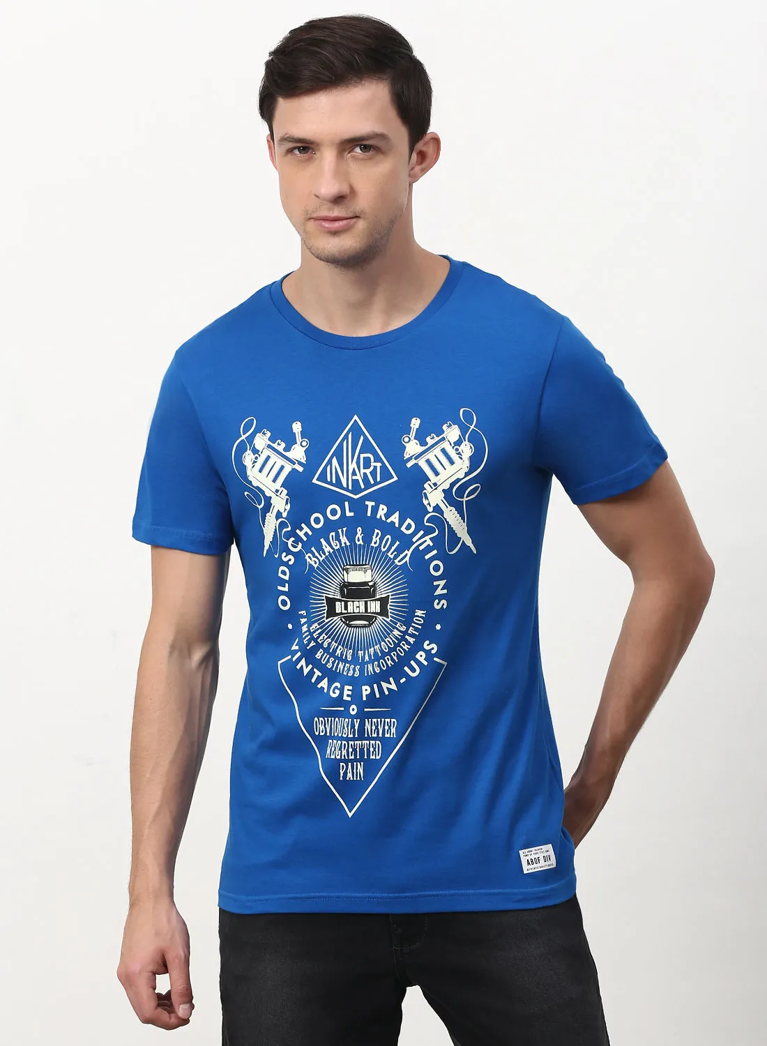 ABOF Graphic Printed Crew Neck Regular Fit T-Shirt Sapphire