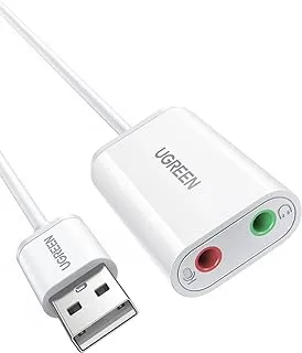 UGREEN بطاقة صوت خارجية 3.5 ملم إلى USB محول صوت بطاقة صوت ميكروفون USB محول USB إلى 3.5 ملم 2 في 1 محول مقبس متوافق مع Windows، Mac OS، Linux، Android، PC، الكمبيوتر المحمول، سطح المكتب، Switch، PS5 - أبيض