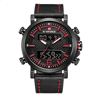 Naviforce 9135 b-r-b leather round analog-digital watch for men - black