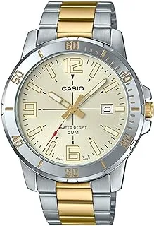 Casio MTP-VD01SG-9BVUDF Two-Tone Stainless Steel Gold Dial Tachymeter Bezel Round Analog Watch for Men - Silver