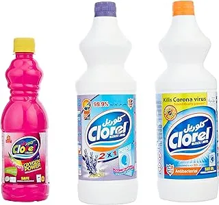 Clorel Lemon Bleach, 1050 gm with Clorel Original Bleach, 1050 gm and Clorel Colored Cloth Wash, 0.5 Kg