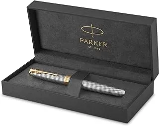 Parker Sonnet Fountain Pen | Chiselled Silver with Gold Trim | Solid 18k Gold Medium Nib | Gift Box