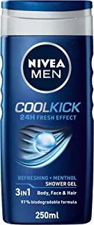 NIVEA MEN 3in1 Shower Gel Body Wash, Cool Kick 24h Fresh Effect Masculine Scent, 250ml