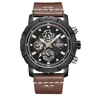 Naviforce Watch for Men, Automatic Movement, Analog Display, Brown Leather Strap-9139 RG-RG-D.BN