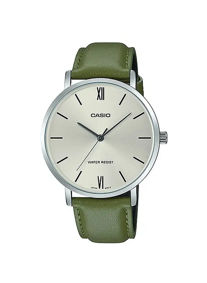 CASIO Men's Leather Analog Quartz Wrist Watch MTP-VT01L-3BUDF Silver - 46 mm - Green