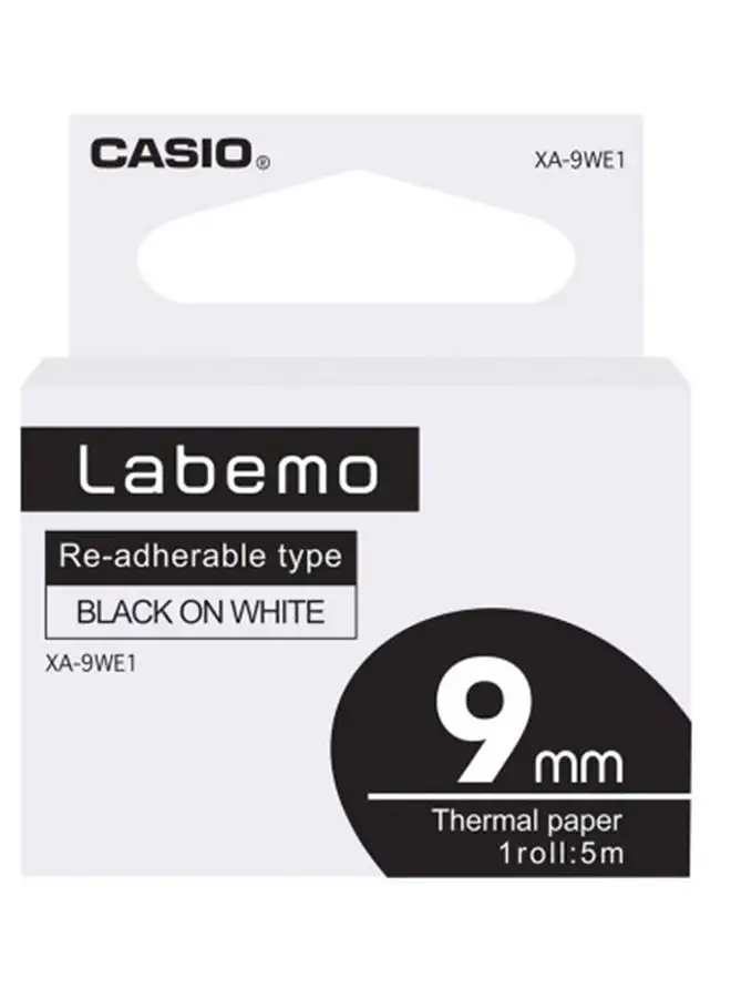 CASIO Label Printer Tape 9mm Re-Adherable Black on White Casio XA-9WE1-W-DJ Multicolour