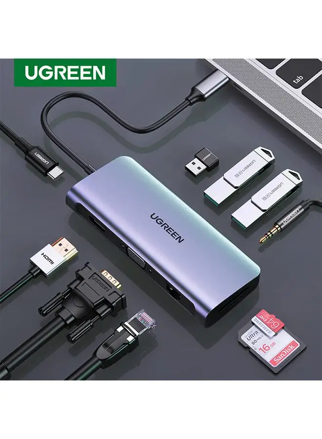 Ugreen USB C Hub 10 in 1 Type C Hub with Ethernet 4K USB C to HDMI VGA PD Power Delivery 3 USB 3.0 Ports USB C to 3.5mm SD/TF Cards Reader for MacBook Pro/Air iPad Pro Silver