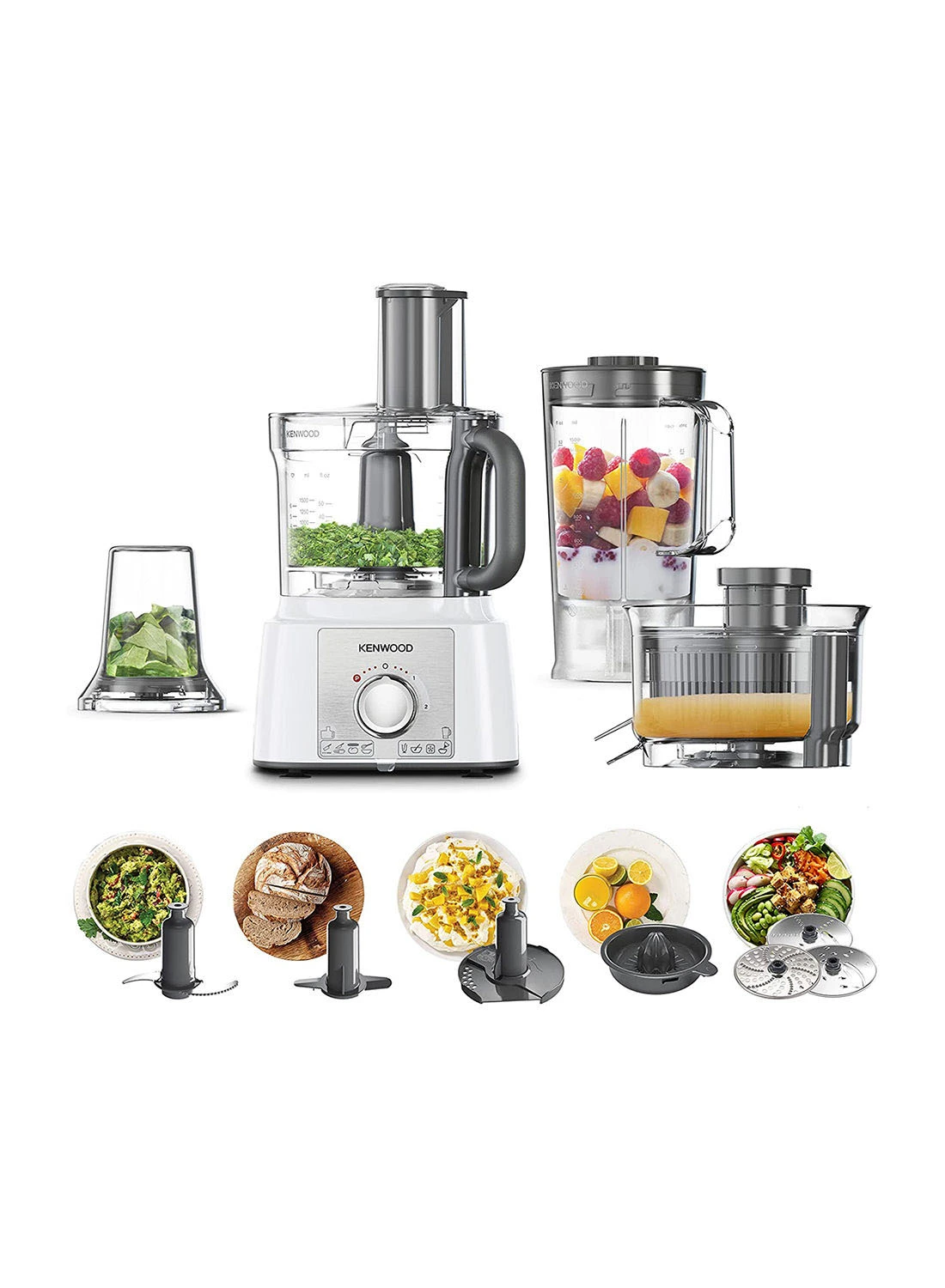 KENWOOD Food Processor, Bowl, 1.5L Blender, 11 Attachments, 3 Stainless Steel Disks, Blender, Grinder, Juicer Extractor, Whisk, Dough Maker, Citrus Juicer 3 L 1000 W FDP65.750WH white