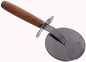 A stainless steel pizza cutter with a wooden hand