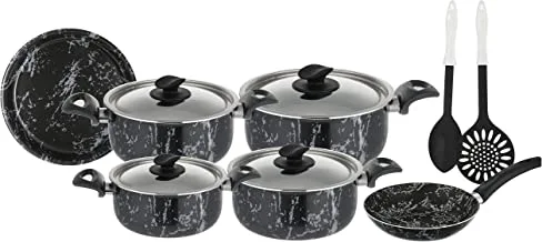 Grandi Cook Marble set 11 pcs Stewpot 16-18-20-26+Frypan 20 +Round Oven tray 22+Broush 14+ 2 Kitchen Tools Free(Marble Black)