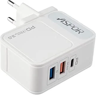 ASPOR A838 Fast Charger PD 18W And QC 3.0 And IQ 2.4A Output EU PIN And LIGHTNING Cable,3 USB - White