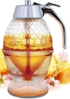 Hunnibi Honey Dispenser No Drip Plasstic - Maple Syrup Dispenser Plasstic - Beautiful Honey Comb Shaped Honey Pot - Honey Jar with Stand, Great Bee Décor