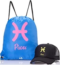 Cotton With Polyester Foldable Sun Protection cap With String Bag And Pisces Design For Unisex - Multi Color- One Size- Fitted