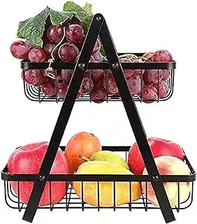 Other 2-Tier Metal Countertop Fruit Basket for Kitchen Modern Wire Detachable Vegetable Bread Storage Basket Bowl Stand - Black