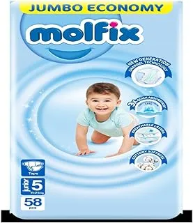 Molfix Diapers Jumbo Pack Junior with Unique 3D Technology - Jumbo Economy Pack 58 Pcs, Size 5- 