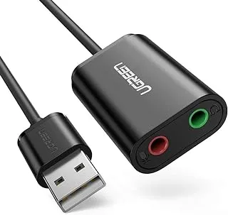 UGREEN بطاقة صوت خارجية 3.5 ملم إلى USB محول صوت بطاقة صوت ميكروفون USB محول USB إلى 3.5 ملم 2 في 1 محول مقبس متوافق مع Windows، Mac OS، Linux، Android، PC، الكمبيوتر المحمول، سطح المكتب، Switch، PS5 - أسود